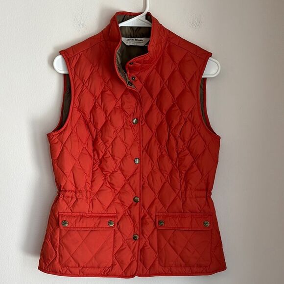 Eddie Bauer Button Down Goose Down Quilted Vest Womens Small Orange preppy EUC! - Picture 1 of 12
